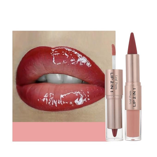 2-in-1 Double-Ended Matte Lip Liner & Lip Gloss Duo, Warm Rose Red Ombre Lip Combo Pencil, Lip Liner and Lipstick Gloss Set for Defined & Fuller Looking Lips (#10 Warm Rose Red Ombre)