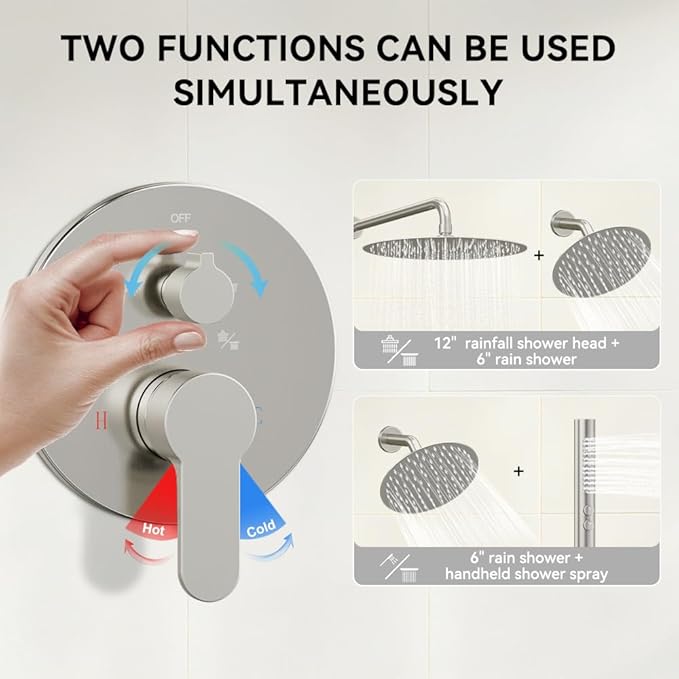 Shower Systems STARBATH 12+6" Round Dual Rainfall Shower Head with Handheld Spray for Two People, Wall Mounted 3 Way Rain Shower Faucet Sets Complete, Included Valve and Trim Kit, Brushed Nickel