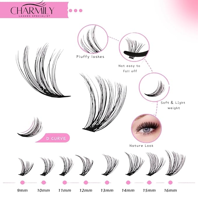 DIY Lash Clusters Kit 280pcs Volume Lashes Extensions 30D+40D Mix, 9-16mm D Curl Soft Eyelash Clusters With Glue Bond Seal Remover Tweezers, Thin band Lashes Clusters Kit Natural Look