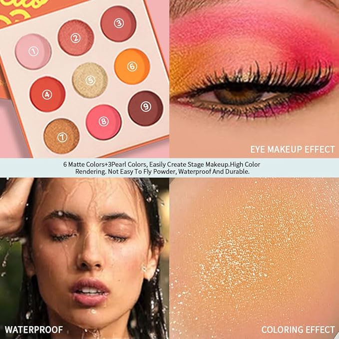 9-Color Warm Matte Shimmer Glitter Eyeshadow Palette – High Pigment Orange, Coral, Pink & Brown Shades, Long-Lasting Waterproof Blendable Eye Makeup for Summer, Daily, and Glam Looks
