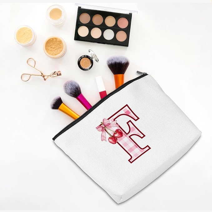 CQM Initial Makeup Bag Monogram Cosmetic Bag Monogrammed Gifts for Women Girls Best Friends Coworker Personalized Travel Toiletry Bag Christmas Bridal Shower Wedding Bridesmaid Gifts, Cherry F