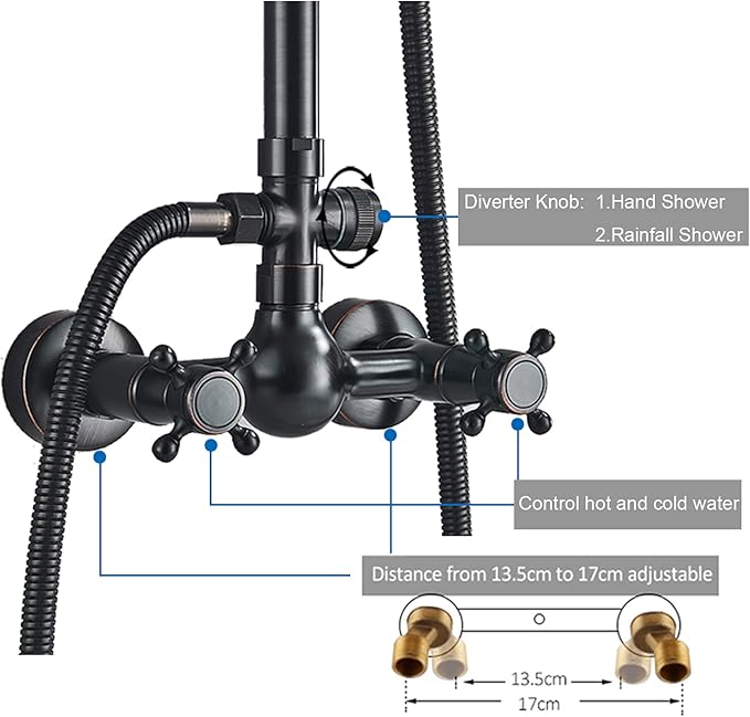NeierThodore Luxury ORB Bathroom Shower Faucet Dual Handles Wall-Mounted Shower Mixer Taps 8" Rainfall Shower Head Ceramic Handheld Sprayer Oil Rubbed Bronze