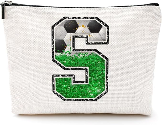 CQM Soccer Gifts Initial Makeup Bag Monogrammed Cosmetic Bag Letter S Zipper Pouch Soccer Accessories for Girls Women Player Coaches Friend Graduation Birthday Gifts
