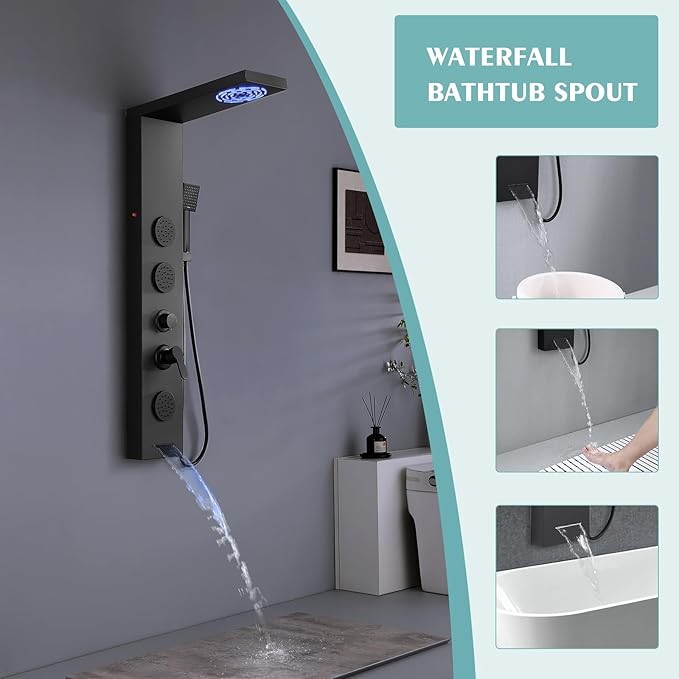 KINKIB Matte Black Shower Panel for Bathroom - 5 In 1 Full Body Shower Tower With Led, Rainfall Shower Head With Powerful Body Jets, Handheld Shower And Tub Spout