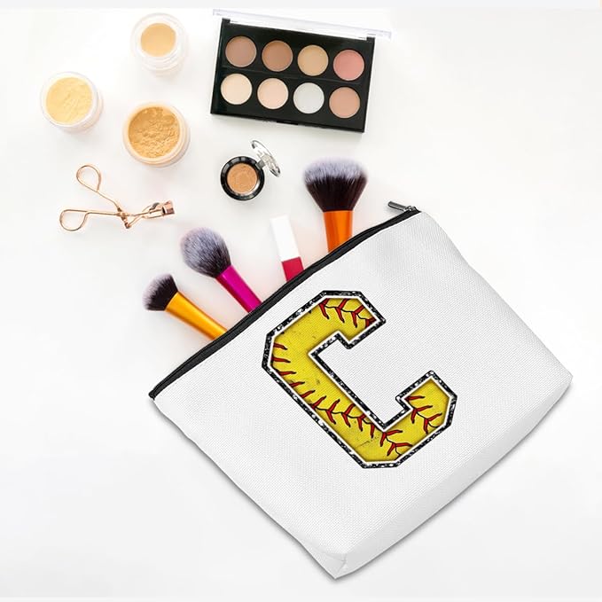 CQM Softball Gifts Initial Makeup Bag Monogrammed Cosmetic Bag Yellow Letter C Zipper Pouch Softball Accessories for Girls Women Player Coaches Bestie Graduation Birthday Gifts