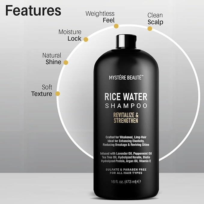 MYSTÉRE BEAUTÉ Rice Water Shampoo - Rice Shampoo, Promotes Hair Growth, Revitalizes, Shines and Sheilds from Damage, Infused with Essential Oils, Sulfate & Paraben Free - for Men Women - 16 fl oz