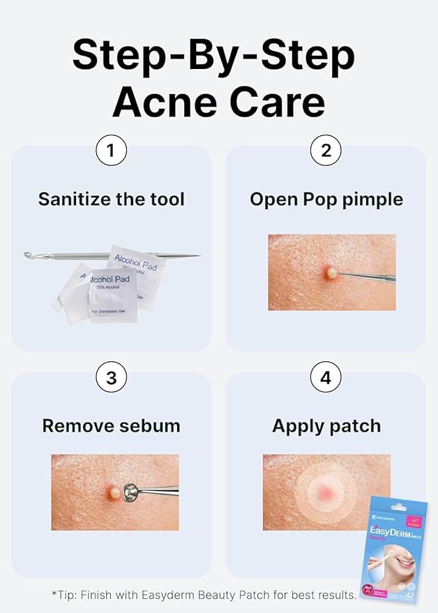 EasyDerm Multi-Step Pimple Patch Set – 4-Type Korean Pimple Patches + Free 2-in-1 Dual-Tip Extractor for Complete Skincare Stocking Stuffer Holiday Gift