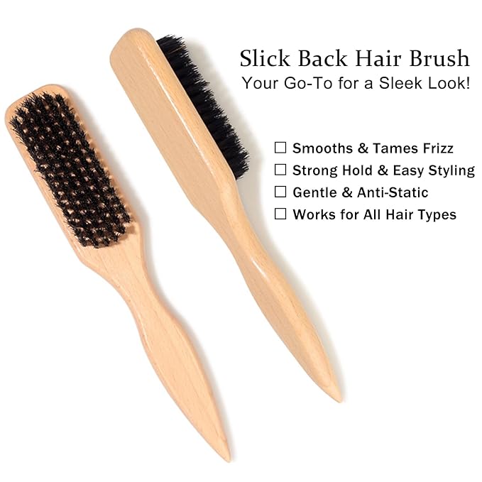 Slick Back Hair Brush & Hair Wax Stick Set for Slick Back – Boar Bristle Brush for Sleek, Control, Flyaways & Baby Hairs – Wax Stick for Women Sectioning & Parting