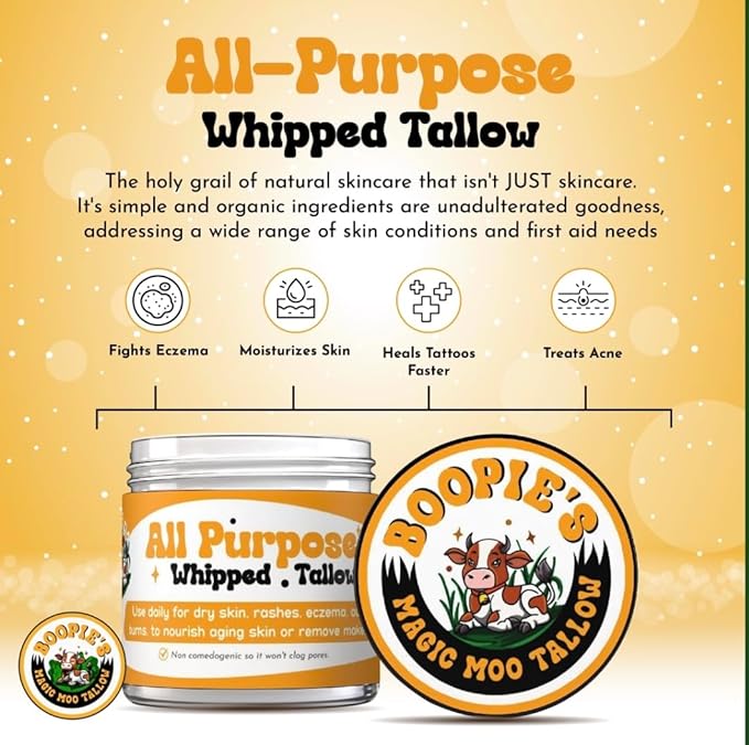 Magic Moo All Purpose Whipped Tallow Skincare for acne, eczema, dry skin, moisturizer, stretch marks & hydration. Now with organic emu oil. All organic ingredients.