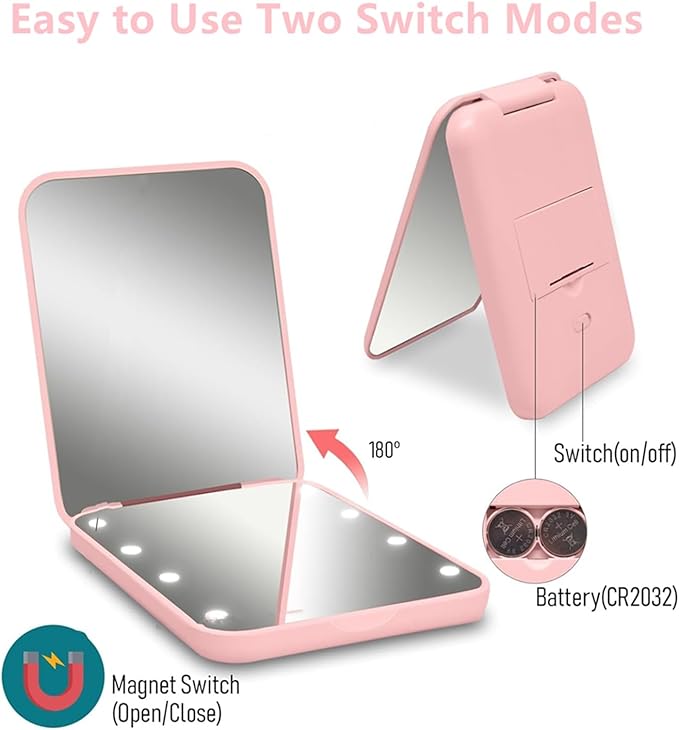 Flymiro Compact Mirror, 1x/3x Magnification Mini Mirror for Purse, Pocket, Handheld, Stocking Stuffers, Travel Makeup, 2-Sided Foldable, Small Mirror with Led Lights