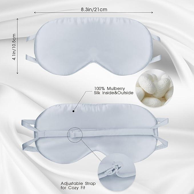 SILKTALE Silk Eye Mask for Sleep with Adjustable Strap for Women/Men/Adults Large 100% Mulberry Silk Sleeping Mask for Travel/Plane/Side Sleeper,Light Blue