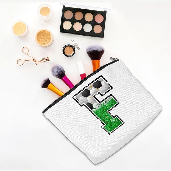 CQM Soccer Gifts Initial Makeup Bag Monogrammed Cosmetic Bag Letter F Zipper Pouch Soccer Accessories for Girls Women Player Coaches Friend Graduation Birthday Gifts