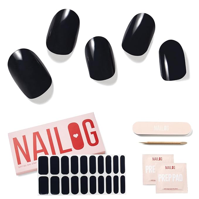 NAILOG Semi Cured Nail Strips (20 Extra Long Gel Nail Strips) │ Glossy & Long Lasting Nail Polish Stickers with Soft Gel Finishing │Noir