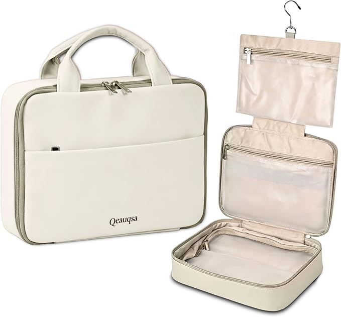 Qeauqsa Makeup Bag Organizer, Large Hanging Toiletry Bag for Women with Leakproof Compartments, Travel Cosmetic Case for Full Sized Toiletries & Brushes Travel Cosmetic Bag Cruise Essentials White