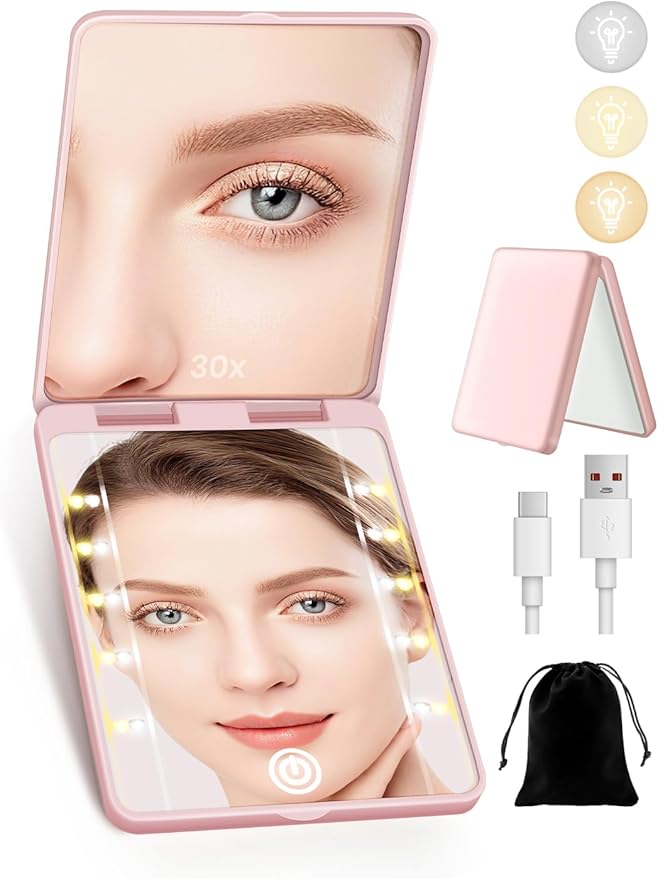 Compact Mirror, Rechargeable 30X Magnifying Mirror with 3 Lighting Modes & Dimmable Brightness, Portable Travel Makeup Mirror with Light, Essentials for Travel, Pocket, Purse, Gifts for Girls Pink