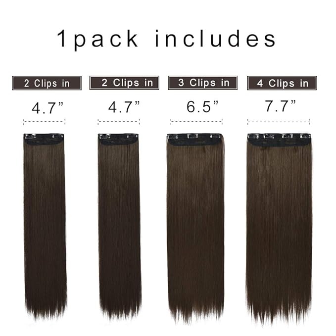 REECHO 24" Straight Long 4 PCS Set Thick Clip in on Hair Extensions Medium Ash Brown