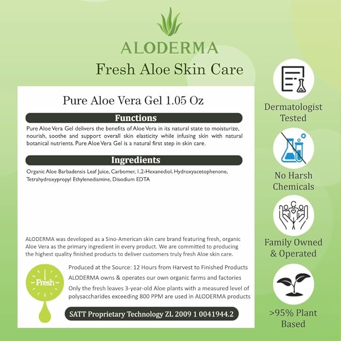 Aloderma 99% Organic Aloe Vera Gel Made within 12 Hours of Harvest, Easy Travel Size Tube for Body, Face, & Scalp, Cooling & Soothing Support for Skin & Sunburn, Hydrating Aloe Gel, 1.5oz - 2ct