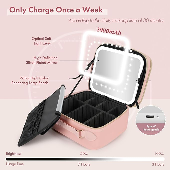 Behaesty Travel Makeup Bag with LED Mirror Double Layer, Detachable Vanity Mirror with Lights, Tri-light Dimmable, Makeup Case with Adjustable Dividers and Brush Holder Cosmetic Organizer Storage Box