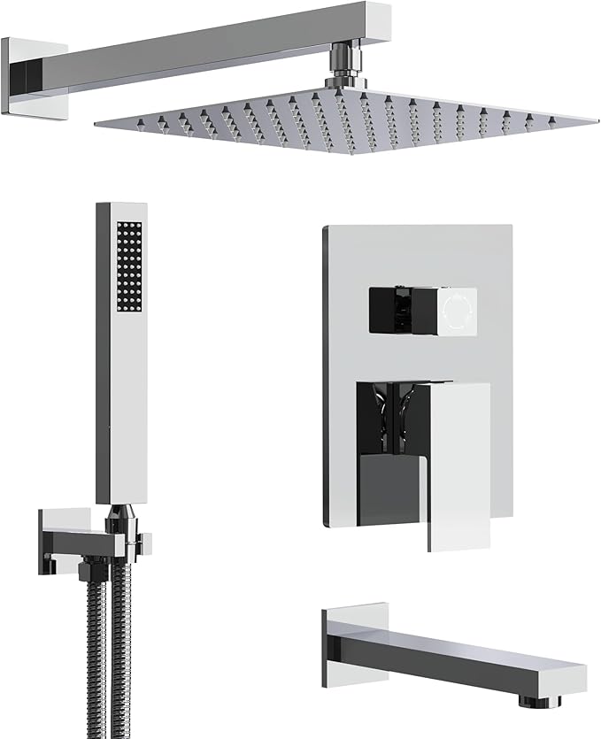 GRANDJOY 10" Shower Faucet Set with Tub Spount, High Pressure Rainfall Shower Head and Handheld Sprayer Combo, Bathroom Tub Shower Faucet Set, Polished Chrome