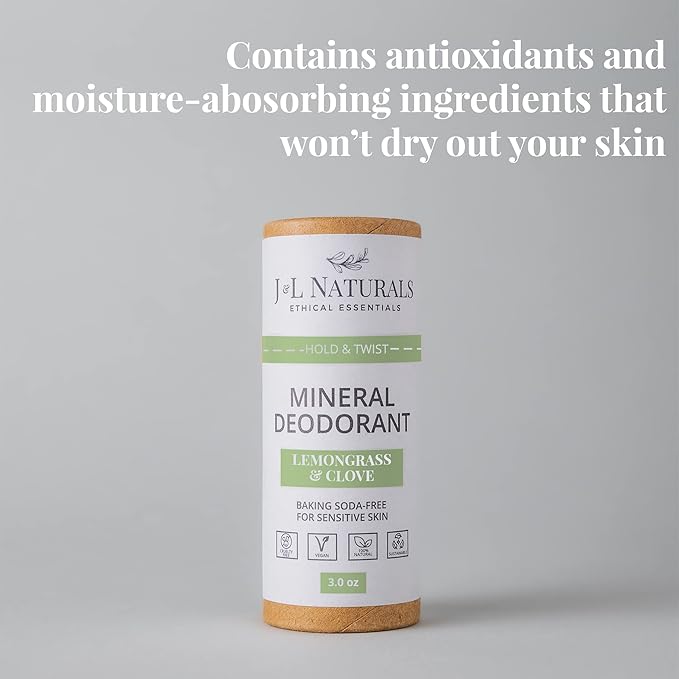 J&L Naturals Mineral Deodorant | Baking Soda-Free, 100% Natural, Sustainable Skin Care | Sensitive Deodorant For Women & Men | Aluminum Free, Vegan, Cruelty-Free (Lemongrass & Clove, 3 Oz (Pack of 1))