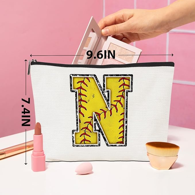 CQM Softball Gifts Initial Makeup Bag Monogrammed Cosmetic Bag Letter N Zipper Pouch Softball Accessories for Girls Women Player Coaches Friend Graduation Birthday Gifts