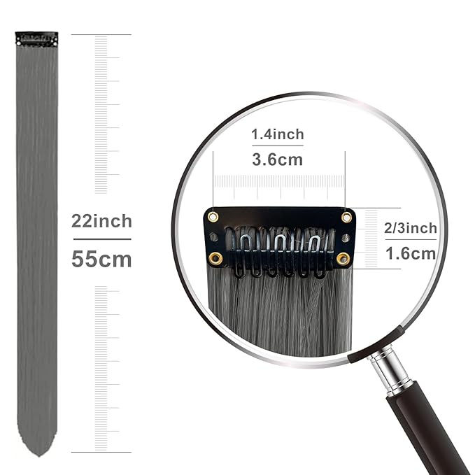 Colored Hair Extensions 14 PCS, 22 In Rainbow Gray Clip in Hair Extensions Party Highlights, Colorful Long Straight Synthetic Hairpieces for Girls Women Kids Cosplay Gift(Dark Grey)