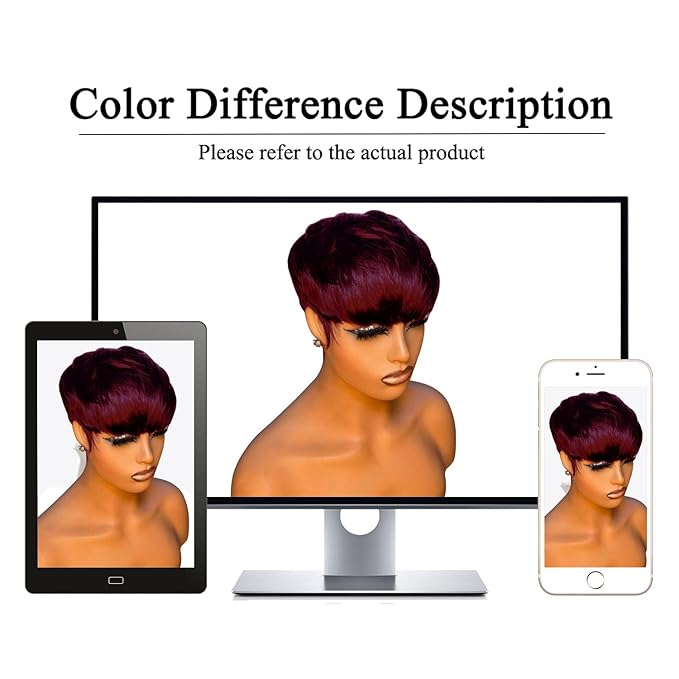 Short Bob Wig for Black Women Brazilian Virgin Human Hair Pixie Cut Wig Burgundy Red Colored Short Style full machine Made Wig with Bangs 150% Density None Lace front Wig 99J#