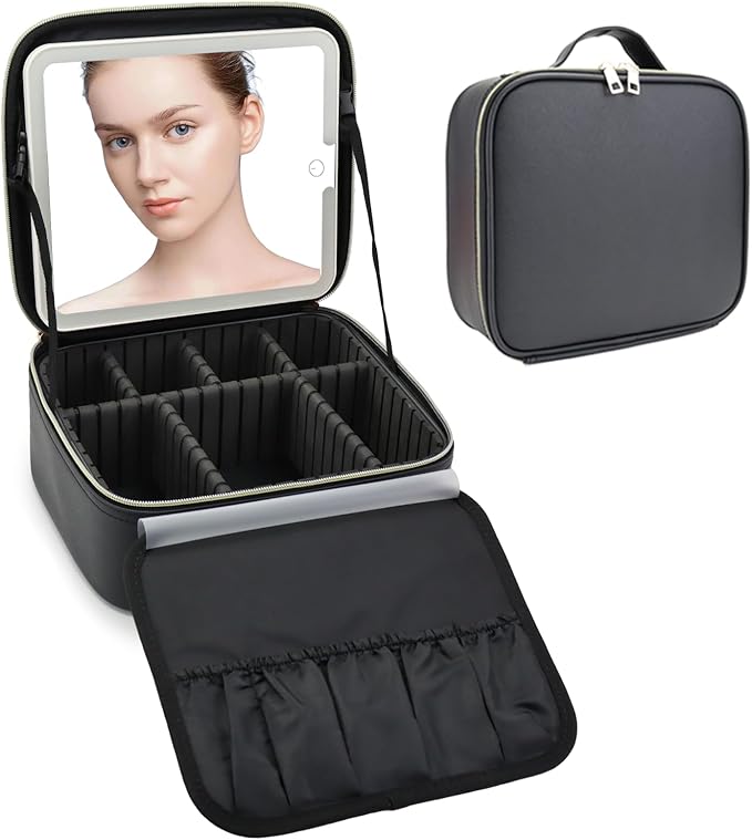 SLUMAZI Travel Makeup Bag with LED Mirror Travel Makeup Organizer with 3 Lighted Settings, Adjustable Dividers and Makeup Brush Storage Bag Black