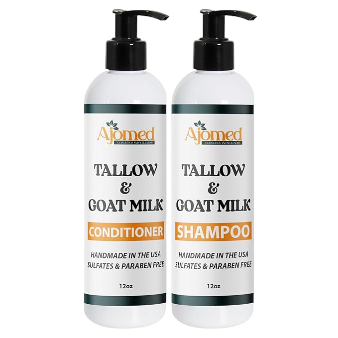 Beef Tallow Shampoo & Conditioner Set -Unscented Handmade tallow & goat milk shampoo for Damaged hair, all hair types- Moisturizing Shampoo- Sulfate, fragrance free (SHAMPOO & CONDITIONER 12OZ)