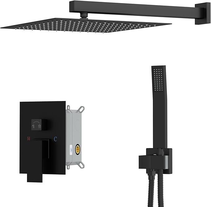 Dcolora 10 In. Rainfall Shower System with Handheld, Matte Black Shower Faucet Set for Bathroom, Brass Valve, 304 Stainless Steel, Anti-Scald cUPC Certified (Matte Black, 10 Inch)