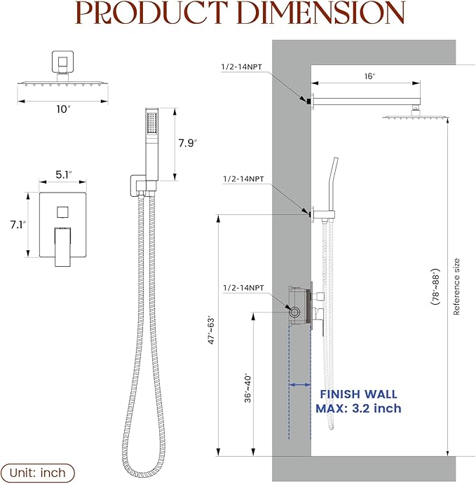 Longriver Shower Faucet Set, Shower System Bathroom High Pressure 10 Inches Rainfall Shower Head with Handheld Spray, Wall Mounted Shower Fixtures with Shower Valve and Trim Kit, Brushed Gold