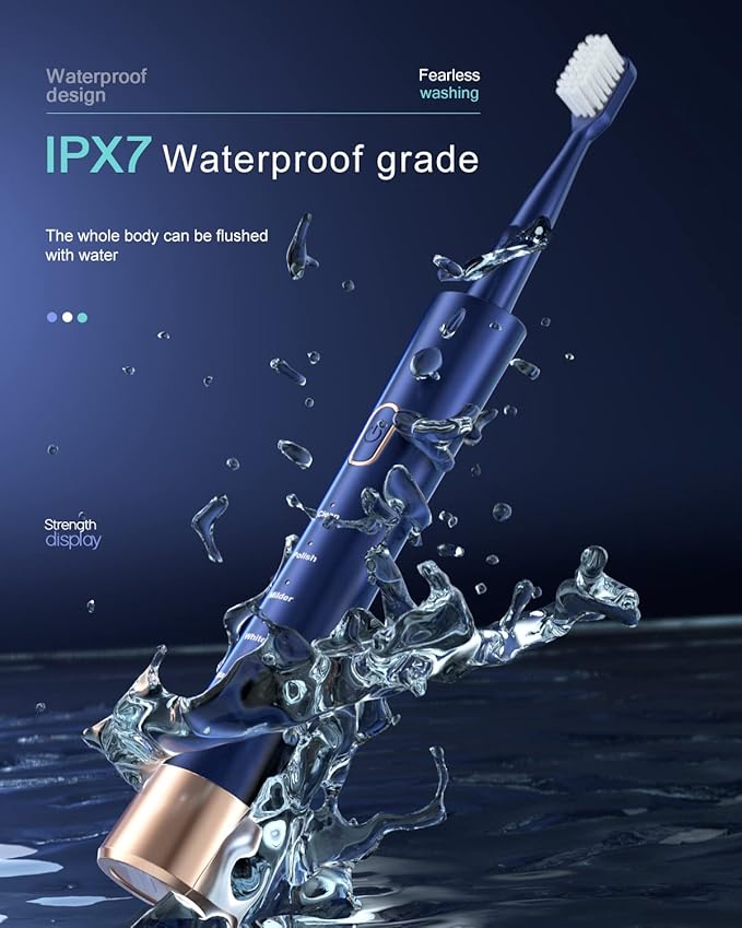 IPX7 Waterproof Sonicare Electric Toothbrush, 2-Hour Fast Charge with Intelligent Time Reminder, 5 Modes, 8 Brush Heads, Travel, Indoor, Outdoor, Blue