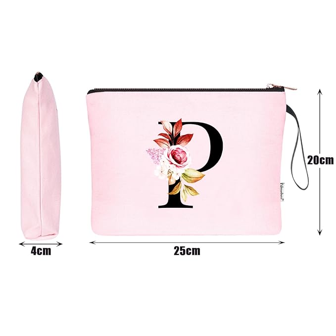 Vavabox A-Z Personalized Makeup Bag, Birthday Gifts for Women Mom, Gifts for Best Friend, Bride Bridesmaid Cosmetic bag (P, Pink)