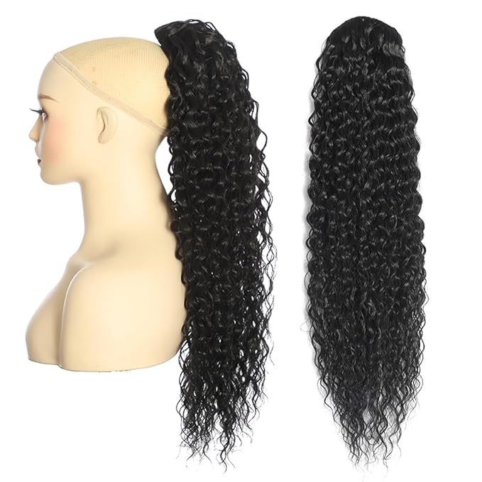 Deep Wave Ponytail Extension for Women 12 Inch Black Curly Wavy Ponytail Hair Extensions Drawstring with Clips Short Synthetic Hairpiece for Daily and Party