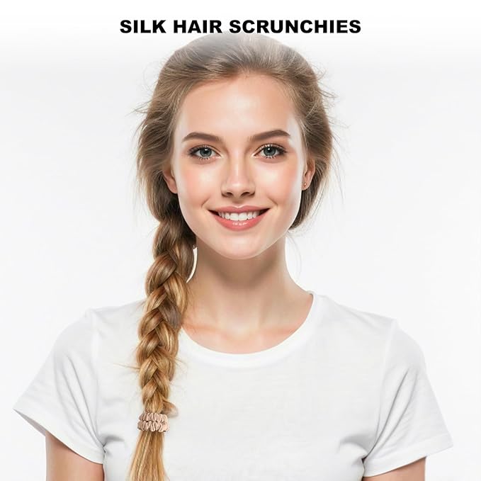 8Pcs Silk Scrunchies Hair Ties for Women & Girls, Mulberry Silk Scrunchies No-Damage Thin Satin Ponytail Holders for Hair Care