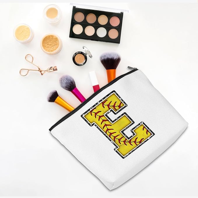 CQM Softball Gifts Initial Makeup Bag Monogrammed Cosmetic Bag Letter E Zipper Pouch Softball Accessories for Girls Women Player Coaches Niece Graduation Birthday Gifts