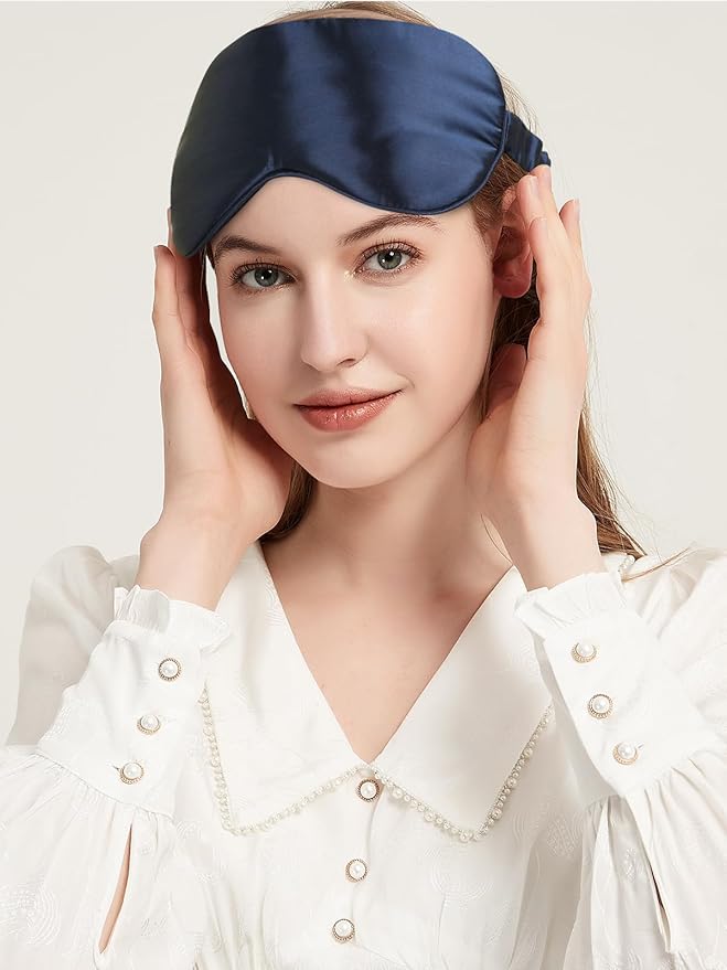 SILKTALE Mulberry Silk Blackout Adjustable Sleep Eye Mask for Men/Women Travel Plane,Navy Blue