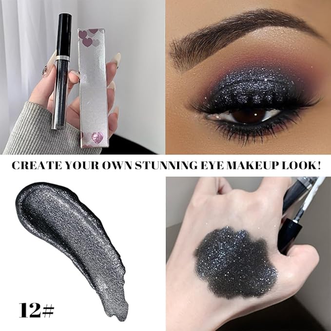 SUAKE Liquid Sparkling Glitter Eyeshadow Stick Pack - High Pigment Shimmer Metallic Eye Shadow, Long-Lasting, White Blue Black Gold Purple Bold Colors,Quicking-Dry (12#-Black, Pack of 1)
