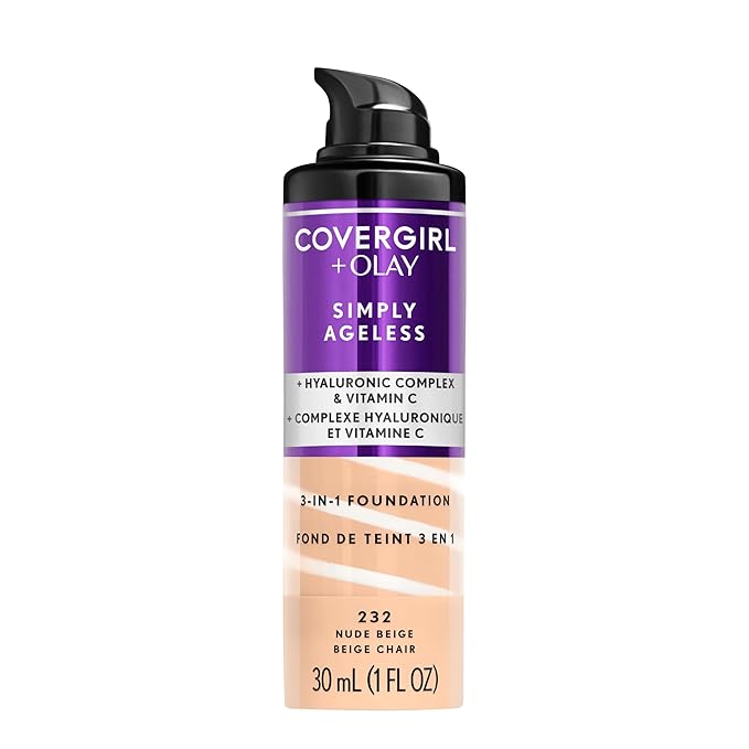 COVERGIRL & Olay Simply Ageless 3-in-1 Liquid Foundation, Matte Finish, Hyaluronic & Vitamin C Formula, 232 Nude Beige, 1 Count