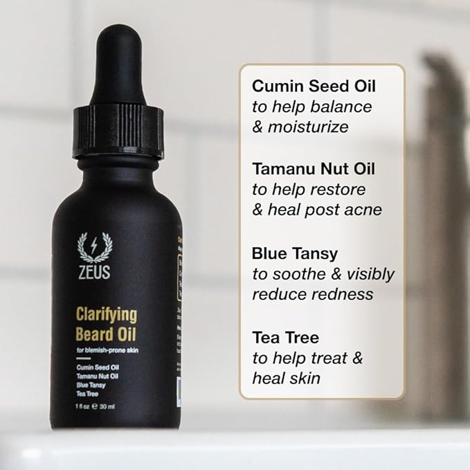 ZEUS Clarifying Beard Oil for Men, Hydrating Facial Hair Oil with Tea Tree for Sensitive Skin, Revitalizes, Treats Blemishes, Promotes Healthy Beard Growth (Made in USA) 1 fl. oz.