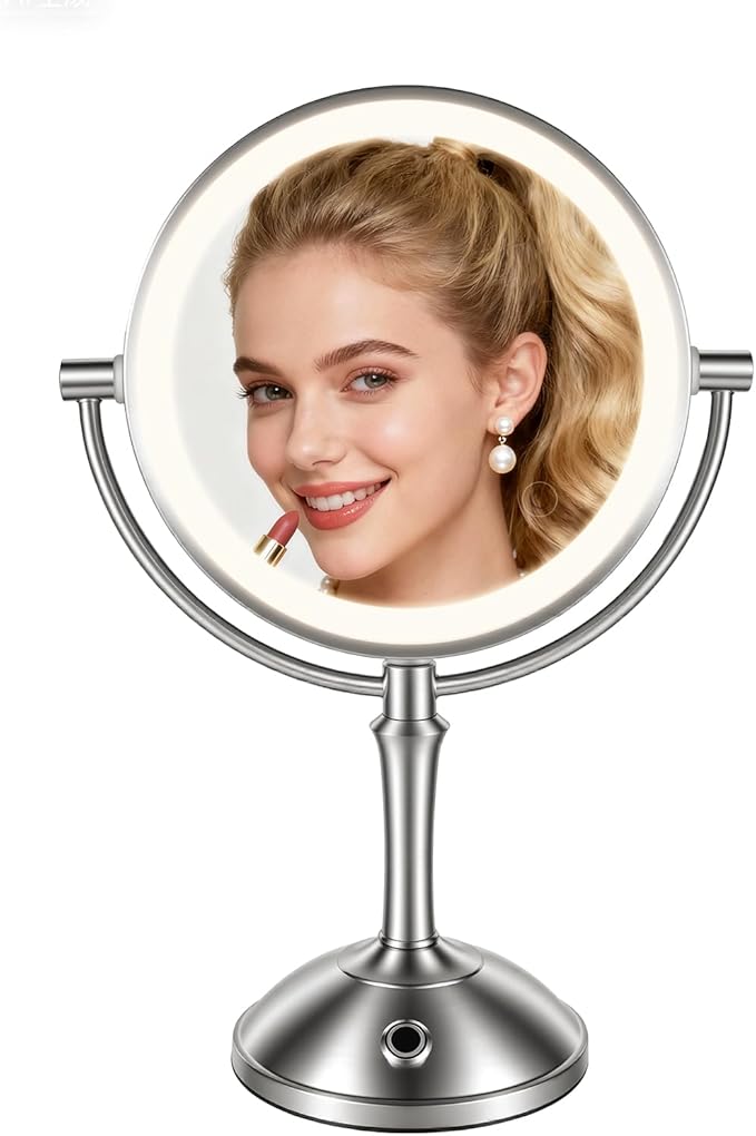 PJE Vanity Mirror with Lights,360 Mirror Magnifying Mirror with Light 10X,3 Light Settings Rechargeable Makeup Mirror,Dimmable Touch Control Tabletop Makeup Mirrors with Lights for Home,Hotel & Salon