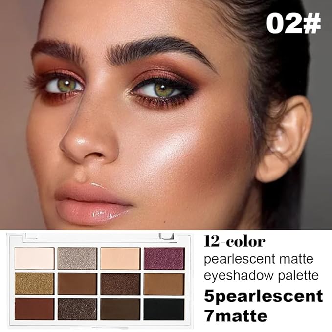 12 Colors Matte Shimmer Eyeshadow - Cool-toned Eyeshadow Palette, Long-Lasting Waterproof Crease-Proof Pigmented, Built-In Mirror, Vegan Cruelty-Free for Daily & Glam Makeup Looks 02#