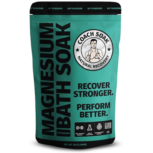 Coach Soak Recovery Bath Soak - Alternative to Epsom Salt Bath Soak - Fast-Absorbing Pure Magnesium Flakes & Dead Sea Salt with 21 Minerals, Bath Salts & Essential Oils - 3 lb, Cooling Peppermint