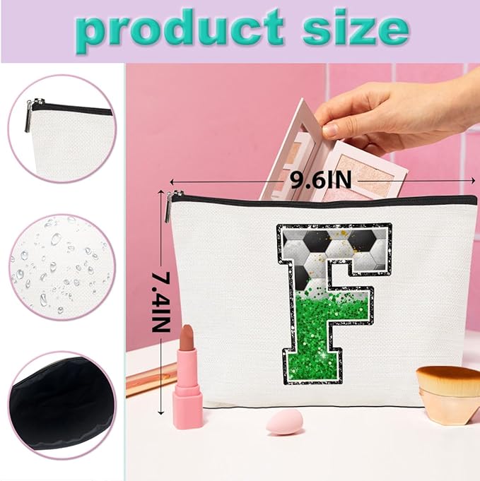 CQM Soccer Gifts Initial Makeup Bag Monogrammed Cosmetic Bag Letter F Zipper Pouch Soccer Accessories for Girls Women Player Coaches Friend Graduation Birthday Gifts