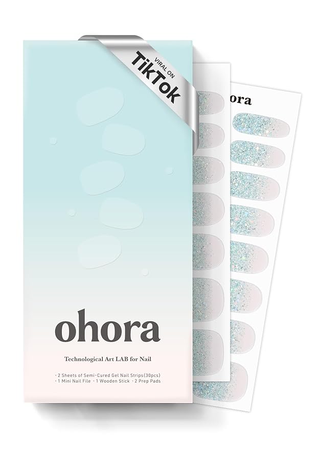 ohora Semi Cured Gel Nail Strips (N Bubble Bomb) - Works with Any Lamps, Salon-Quality, Long Lasting, Easy to Apply & Remove - Includes 2 Prep Pads, Nail File & Wooden Stick