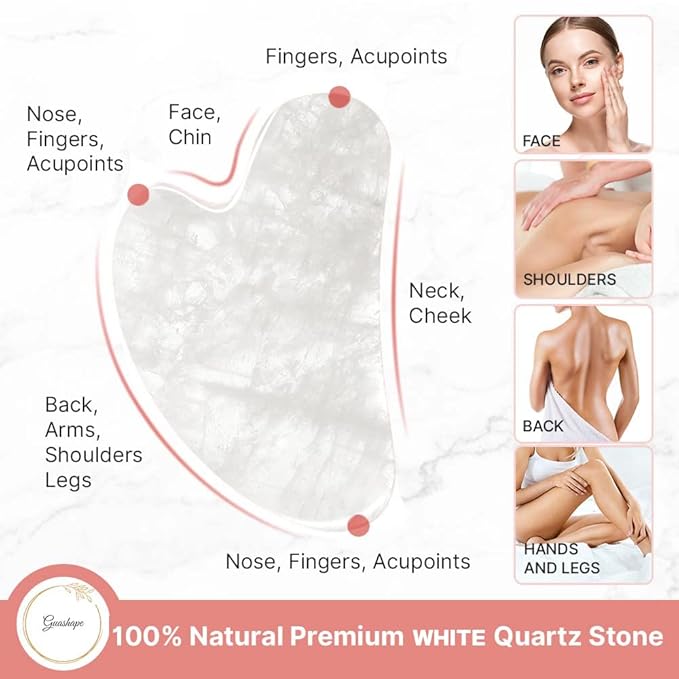 Natural White Quartz Gua Sha Facial Tools | Guasha Tool for Face Sculpting, Shaping, Reduce Puffiness, Tension Relief | Stone for Eyes, Face and Body