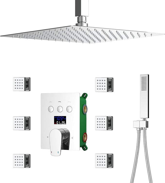 WHSHOWER Digital Display Shower Faucet Set With 12 Inch Rainfall Shower Head,Brass Handheld Sprayer And 6pcs Body Jets,Full Body Shower System (Polished Chrome)