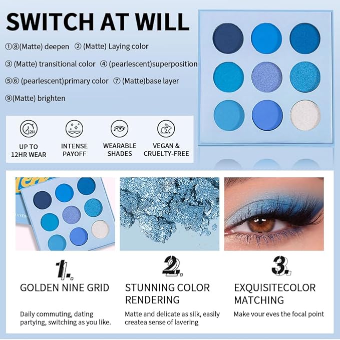 9-Color Blue Eyeshadow Palette–High Pigment Matte Shimmer Glitter Eyeshadow Palette in Navy, Aqua, Teal & Silver Shades,Long-Lasting Waterproof, Blendable for Creative & Everyday Looks
