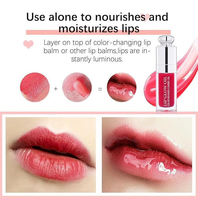 Hydrating Lip Glow Oil, Lip Oil Gloss Transparent Toot Tinted Nourishing Long Lasting Repairing Lightening Lip Lines (STRAWBERRY) 0.2 OZ