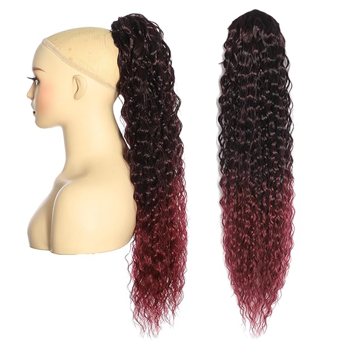 Deep Wave Ponytail Extension for Women 24 Inch Black to Burgundy Red Curly Wavy Ponytail Hair Extensions Drawstring with Clips Short Synthetic Hairpiece for Daily and Party